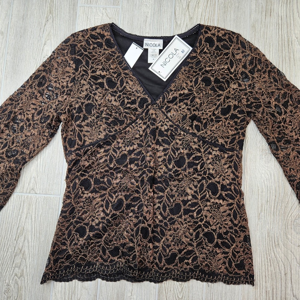 Nicola Womens Black Bronze Metallic Floral Lace V-Neck Bell Sleeve Top M NWT